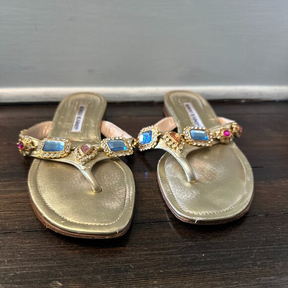 Manolo Blahnik Gold Leather Jeweled Flats - sz 38 (runs small - best for a 37) - Picture 5 of 10